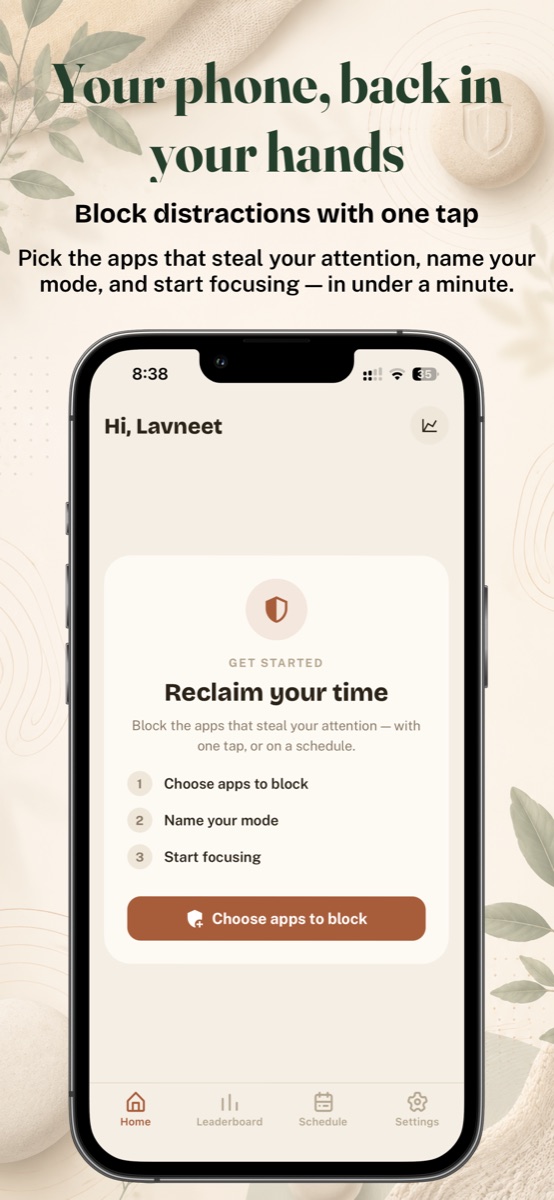 Home screen with a three-step get-started card: choose apps to block, name your mode, start focusing