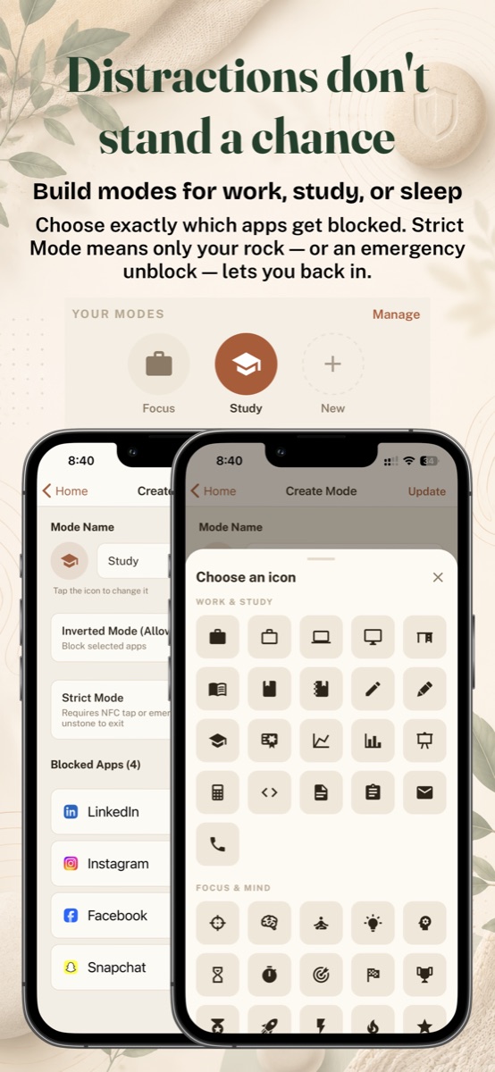 Create Mode screen showing a Study mode with blocked apps and an icon picker