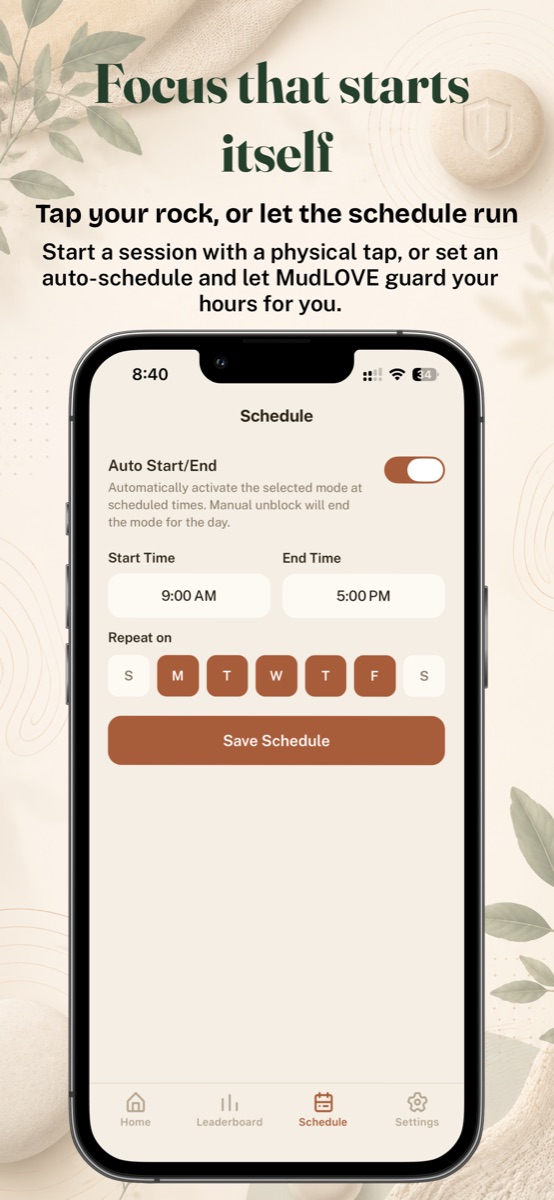 Schedule screen with auto start and end times and repeat days
