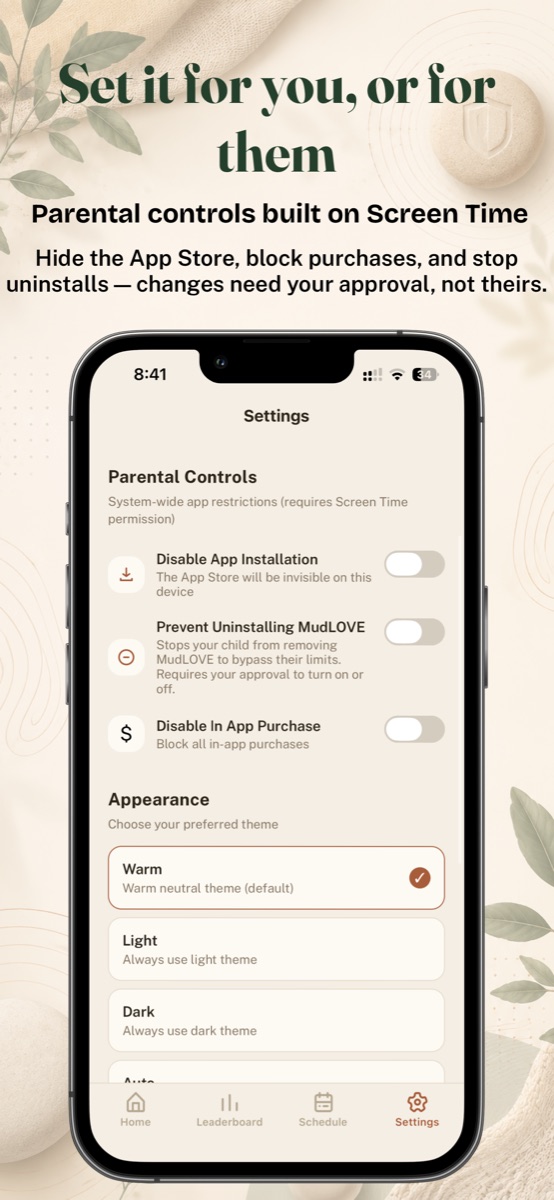 Settings screen with parental controls and warm, light, and dark themes